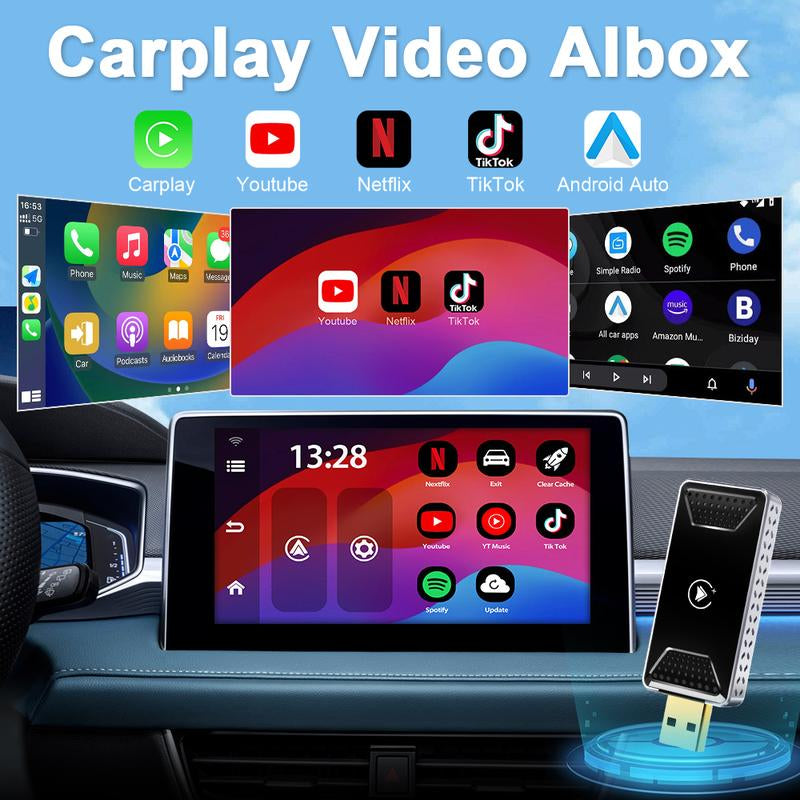 Mini AI Box - Streaming Netflix/Youtube/Tiktok to Your Car! 2 in 1 Wireless Carplay and Android Auto Adapter Suitable for Factory Wired Carplay Cars