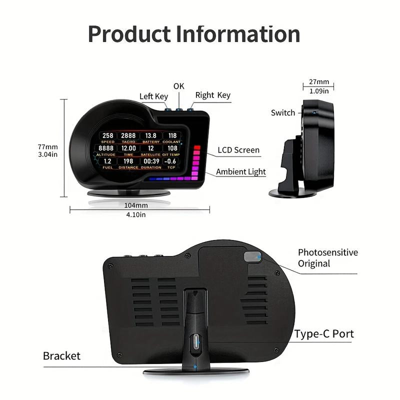 【Dealsforyoudays】Car Head up Display, Auto Accessories, HD Display Screen Car HUD with Multiple Alarm Functions, Speedometer, GPS, Car Inspection Tools