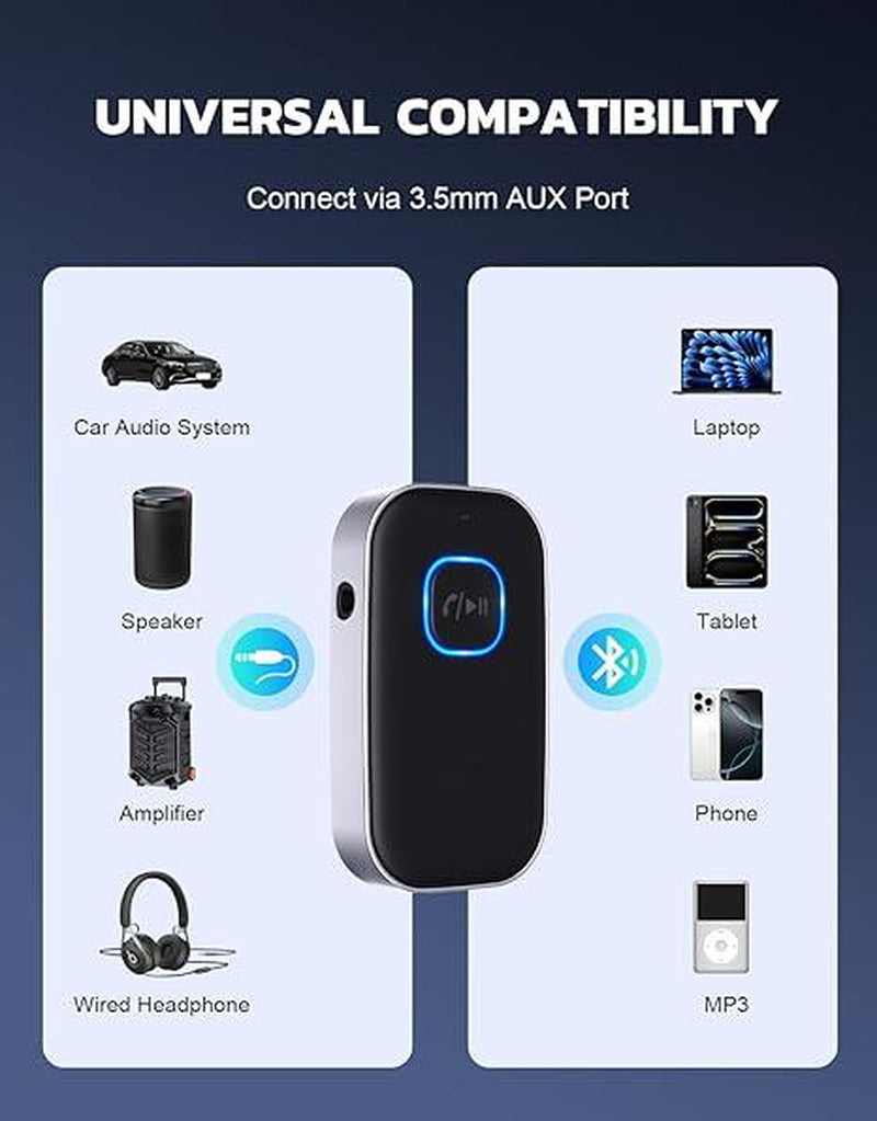 Car Bluetooth Receiver, Noise Cancelling 3.5Mm AUX Bluetooth Car Adapter, Wireless Audio Receiver for Home Stereo/Wired Headsets, Hands-Free Calling