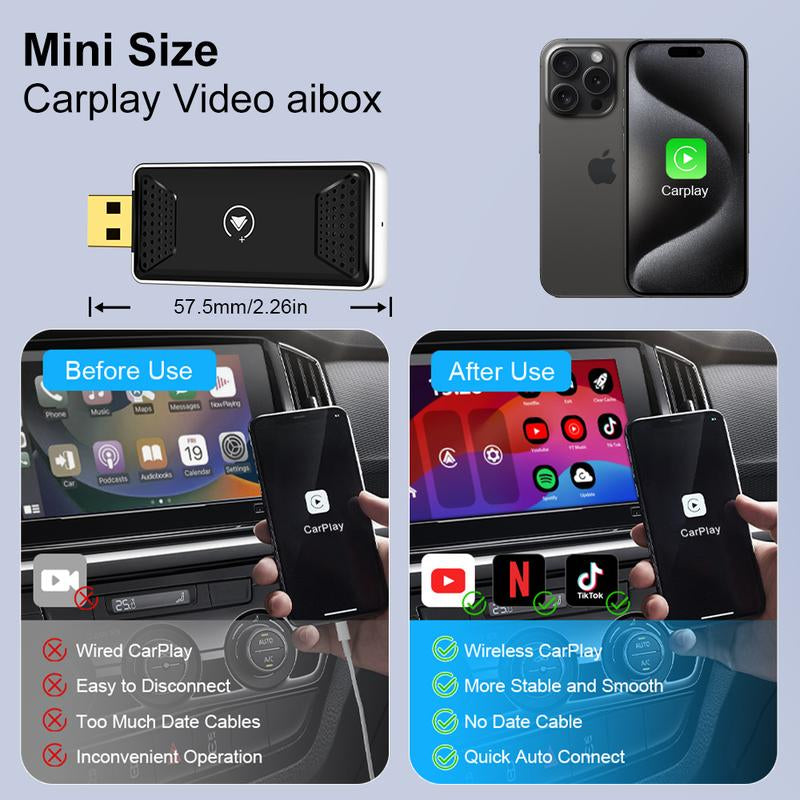 Mini AI Box - Streaming Netflix/Youtube/Tiktok to Your Car! 2 in 1 Wireless Carplay and Android Auto Adapter Suitable for Factory Wired Carplay Cars