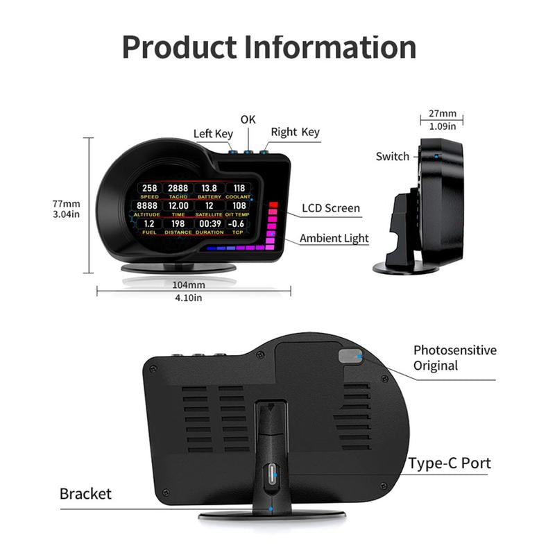 F16 Car Speedometer Display OBD2+GPS Dual Mode, 3.5" IPS Screen, Turbo Gauge, 6 Alerts, 8 Color Ambient Lights, 5 Themes, Fit Gasoline Cars 2008-2025 Gauge Pods